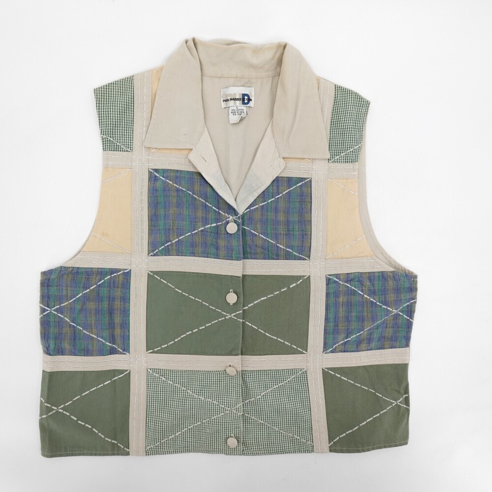 Vintage paul Harris Design Vest Womens Large Beige Patchwork Button Sleeveless